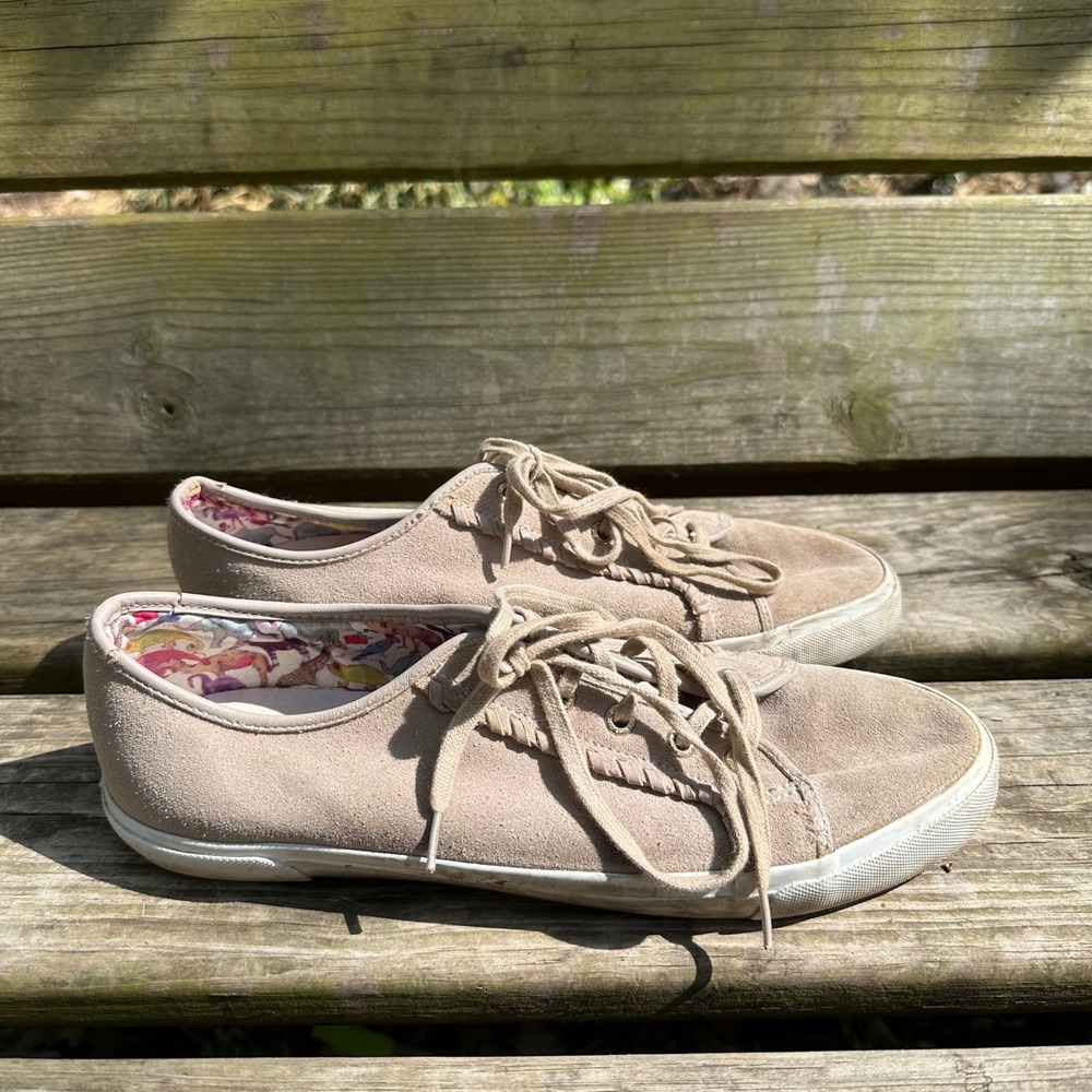 Jack Rogers Carter Tan‎ Suede Whipstitch Lace Up Sneakers Floral Boho Size 11